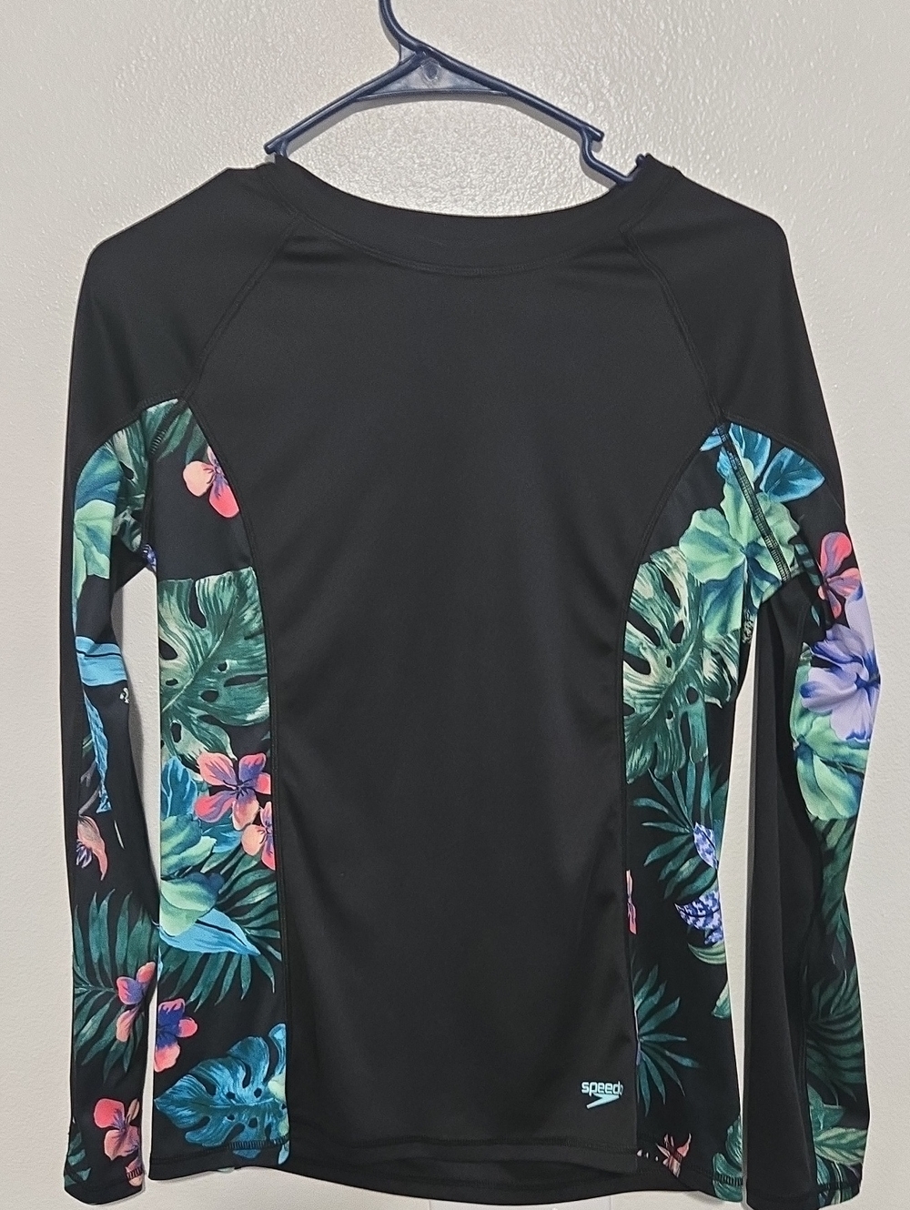 Speedo Black Long-Sleeve Swim Shirt with Tropical Floral Panels